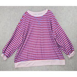 Striped Womens Plus Size 4XL Pullover Top Red & Blue Pink Trim Casual Polyester